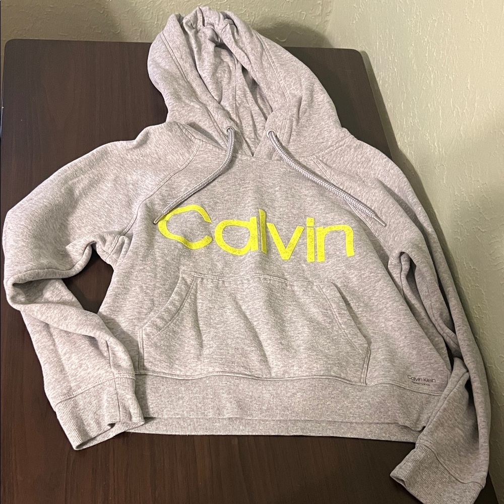 Calvin Klein Small Light Gray Hoodie with Yellow Logo